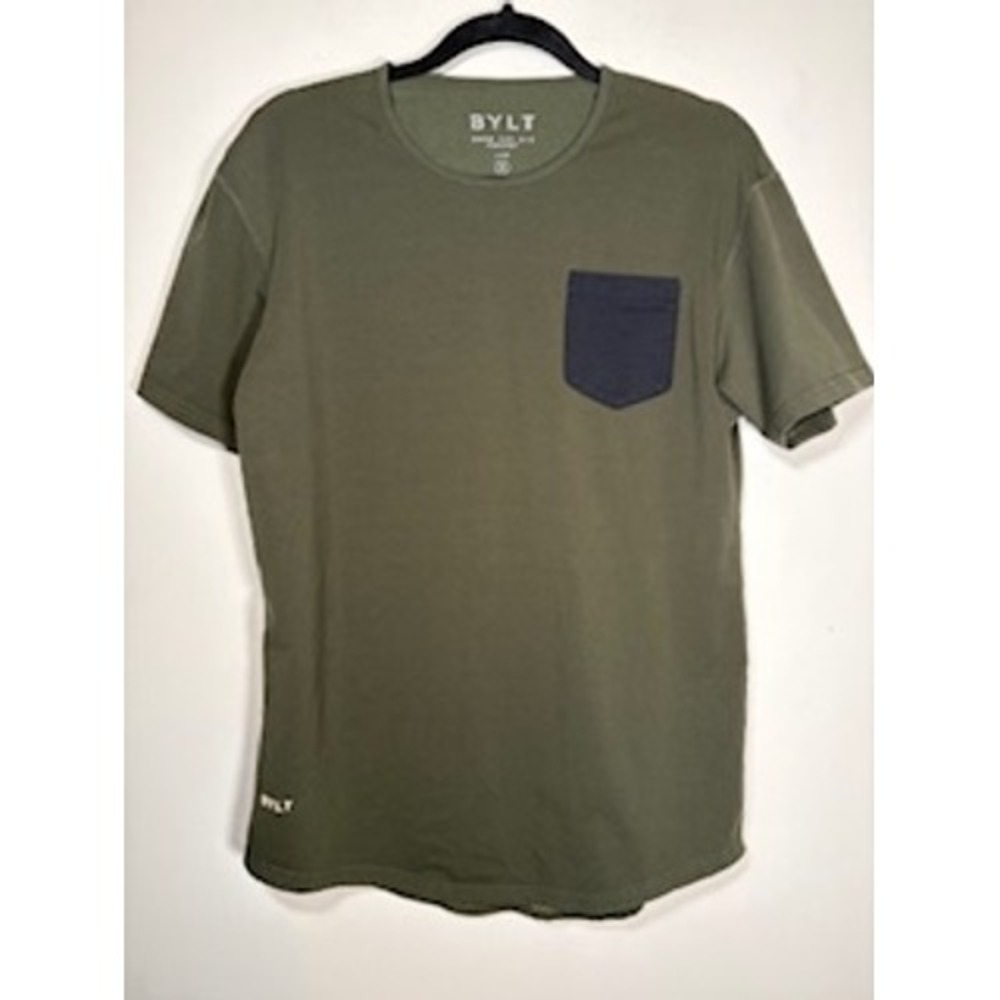 BYLT Drop Cut Pocket Lux Tee‎ Medium Green Black Curved Hem Athleisure Shirt
